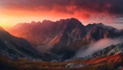  Majestic mountain peak at sunset, a tranquil beauty in nature generated by AI