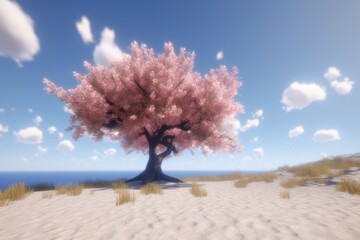 Sticker - Pink Blossom Tree Standing Alone in the Desert Landscap