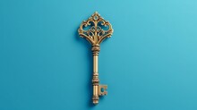 Golden Ornamented Ancient Magic Key On Blue Background