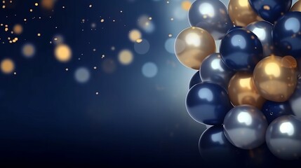 Realistic festive background with golden and blue balloons falling confetti blurry background and a bokeh lights