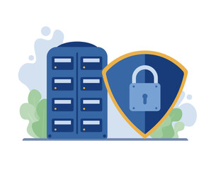 Vector illustration, documents cabinet with data protection shield. This symbolizes the protection and security of data on the documents cabinet.