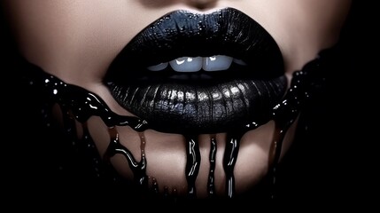 Fototapeta black paint dripping from the black lips, dark liquid drops on beautiful model girl's mouth