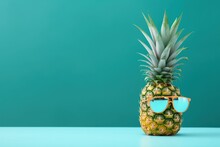 Hipster Pineapple With Trendy Sunglasses Against Turquoise Background,Generative Ai	