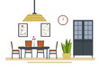 Dining room interior. Furniture - a table and chairs, paintings on the wall, a chandelier and a sideboard with crockery. Vector. For the design of flyers, brochures and furniture stores.