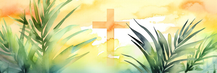 Poster - palm sunday background, cross and palm watercolor, generative ai