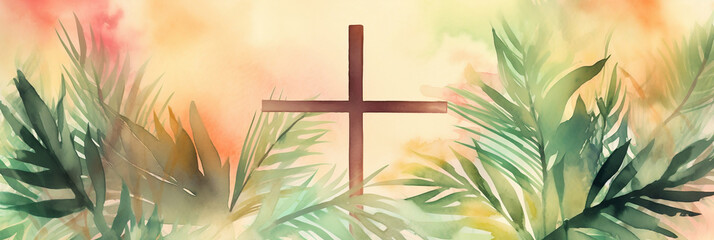 Palm sunday background, Cross and palm watercolor, Generative AI