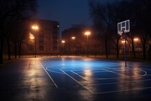 Empty Urban Outdoor Basketball Court At Night With A Wide - Angle View. Generative AI