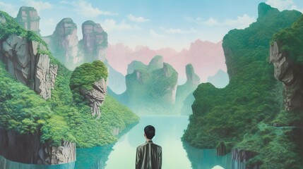 Wall Mural - a picture of a person standing in front of a river is shown here.