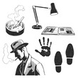 © mashikomo - Vector hand-drawn illustration with a smoking man in a hat, whose face is in shadow. Graphic sketch elements for design on the theme of a private detective
