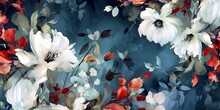 Navy Floral Watercolor Wallpaper With Red Flowers Generative AI