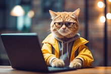 Whimsy And Creativity Of A Cat Dressed As A Designer, Wearing A Knitted Hat And Glasses, Hard At Work On A Laptop, Exuding Intelligence And Ingenuity. Generative AI Technology.
