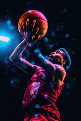 Poster - A basketball player in a red uniform shooting a ball. Generative AI image.