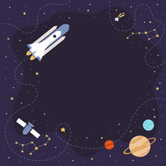 Wall Mural - space exploration square vector illustration. cartoon spaceship flying in night sky to explore galax