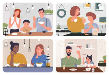 fun family breakfast at home set vector illustration. cartoon funny scenes in kitchen during morning