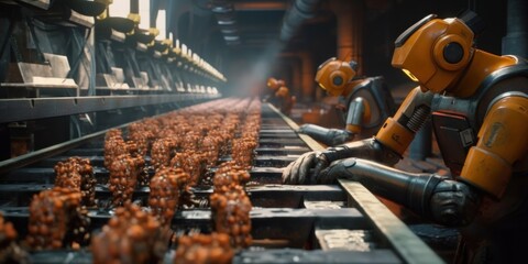 Poster - A group of robots working on a conveyor belt. Generative AI image.