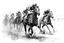 Jockeys Sprinting With Horses On A Horse Racing Tournament, Charcoal Pencil Drawing, Horizontal Poster.