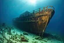 Titanic Shipwreck Resting On The Ocean Floor. The Scene Portrays The Shipwreck In Its Current State, Surrounded By The Depths Of The Underwater World. AI-generated