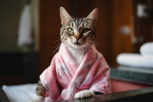 cat in a pink dressing gown in a spa. AI generated content