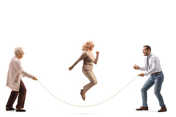 Sticker - Senior woman and a young man holding a rope and woman skipping