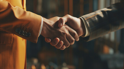 Wall Mural - Two businessmen shaking hands in front of a group of people