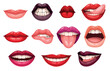 Painted lips set. Woman mouth with red lipstick in different emotions smiles, kisses, bites and licks lip with her tongue. Cartoon realistic flat vector collection isolated on white background