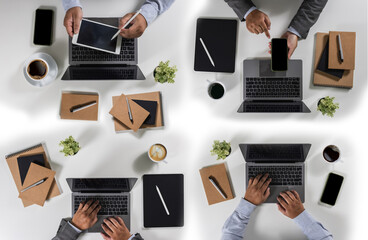 Poster - person designer computer laptop datum document research chart finance marketing Working on a white desk in an office workplace view overhead modern space flat lay