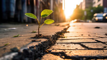 A Seedling Growing From A Cracked Pavement