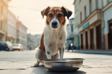 Dog on the street near the bowl. The concept of watering your pet in the heat. AI generated