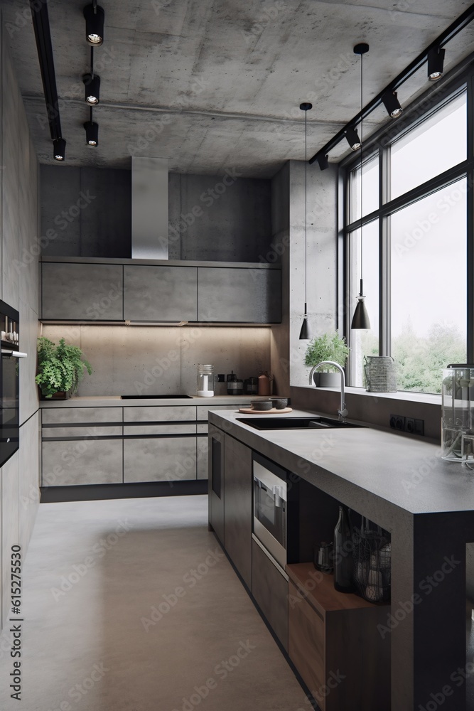 Black modern kitchen in a loft with a concrete wall. Industrial ...