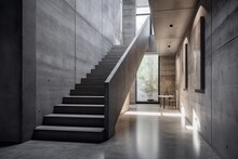 Concrete Interior With Stairs And Sunlight. Industrial, Concrete Or Loft Style. Created With Generative AI