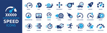 Speed Icon Set. Containing Fast, Slow, Movement, Productivity, Indicator, Turbo, Speeding, Gauge, Express And Speedometer Icons. Solid Icon Collection. Vector Illustration.