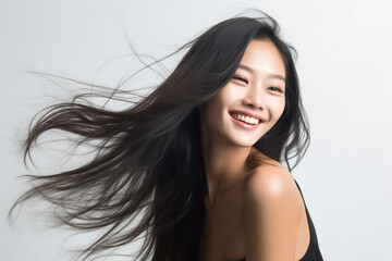 Poster - Charming Asian teenager with long hair blowing in the breeze exudes positivity with a bright smile on a white background.