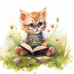 Naklejka na meble Cute cat cartoon reading a book in the grass with watercolor painting style