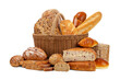 canvas print picture - various kinds of breads in basket isolated on white background.