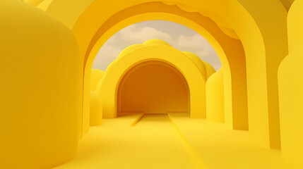 Wall Mural - 3d render, abstract minimal yellow background with white clouds flying out of the tunnel