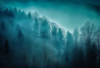 Wall Mural - fog smoggy forest in foggy woods with mountains and trees, in the style of light cyan and navy