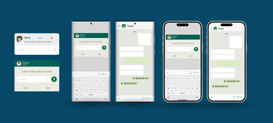 Poster - Concept of a pop-up message on messenger shows a mobile screen with a chat dialogue box displaying text messages exchanged between two users. Vector.