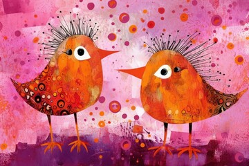 Wall Mural - Background illustration with funny friendly birds cartoon character style very colorful