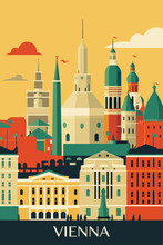Austria Vienna Retro City Poster With Abstract Shapes Of Landmarks, Buildings And Monuments. Vintage Travel Vector Illustration