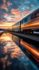 Wall Mural - Train on the railway at sunset. Concept of speed and motion. created by generative AI