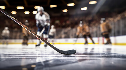 Low angle view of hockey stick and puck on ice with deliberate shallow depth of field on brightly lit stadium background and copy space. Generative Ai