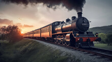 Vintage Steam Train With Ancient Locomotive And Old Carriages Runs On The Tracks In The Countryside. Generative Ai