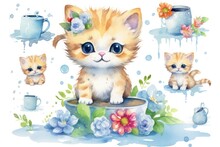 Watercolor Illustration Of Baby Kittens With White Fur And Big Eyes. Generative AI