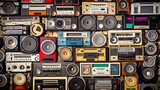 Fototapeta  - Vintage wall full of radio boombox of the 80s. Generative Ai