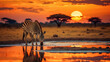 Zebra at sunset in the Serengeti National Park. Generative Ai