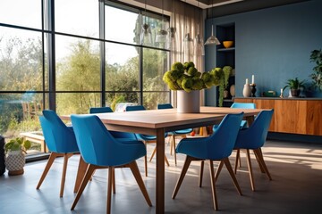 Wall Mural - Interior design of modern dining room, wooden table and blue chairs. Generative AI