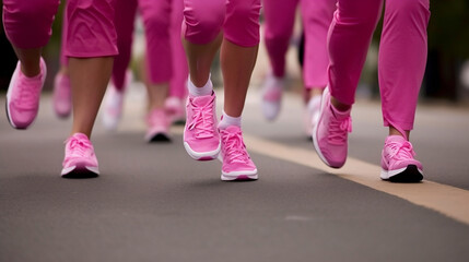 Group of women wearing pink running shoes participating in a breast cancer awareness marathon.
