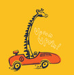 Giraffe racing car funny cool summer t-shirt print design. Race speed sports cabriolet auto. Slogan. Drive safari