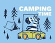 Zebra camping car funny cool summer t-shirt print design. Road trip on auto. Camp vacation animal