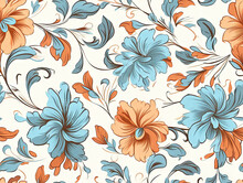 Floral Pattern With Orange And Blue Flowers On A White Background With Swirls And Leaves On Background.